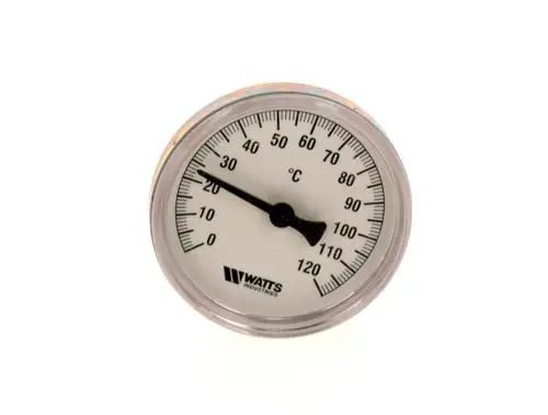 Thermometer von Bosch mit einer Skala von 0 bis 120°C. Analoge Anzeige mit schwarzem Zifferblatt und einer leicht abgelesenen Zeigerposition.